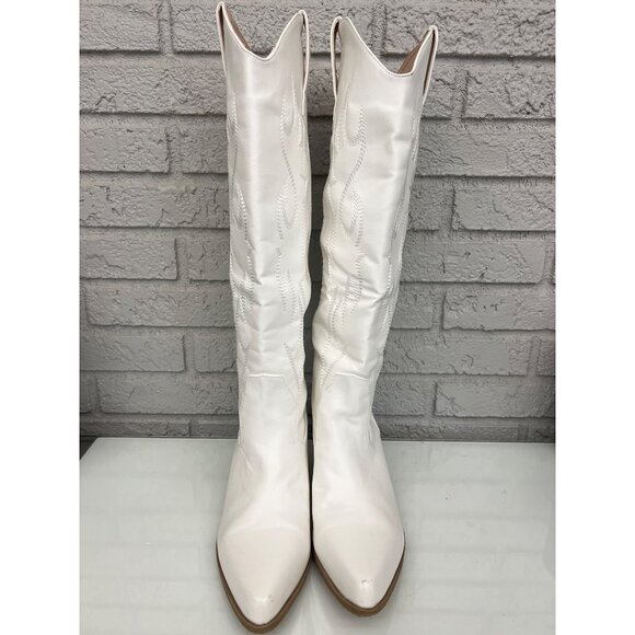 Women White Stitching Detail Knee High Cowboy Boots Size 41(10-10.5) - Picture 1 of 8